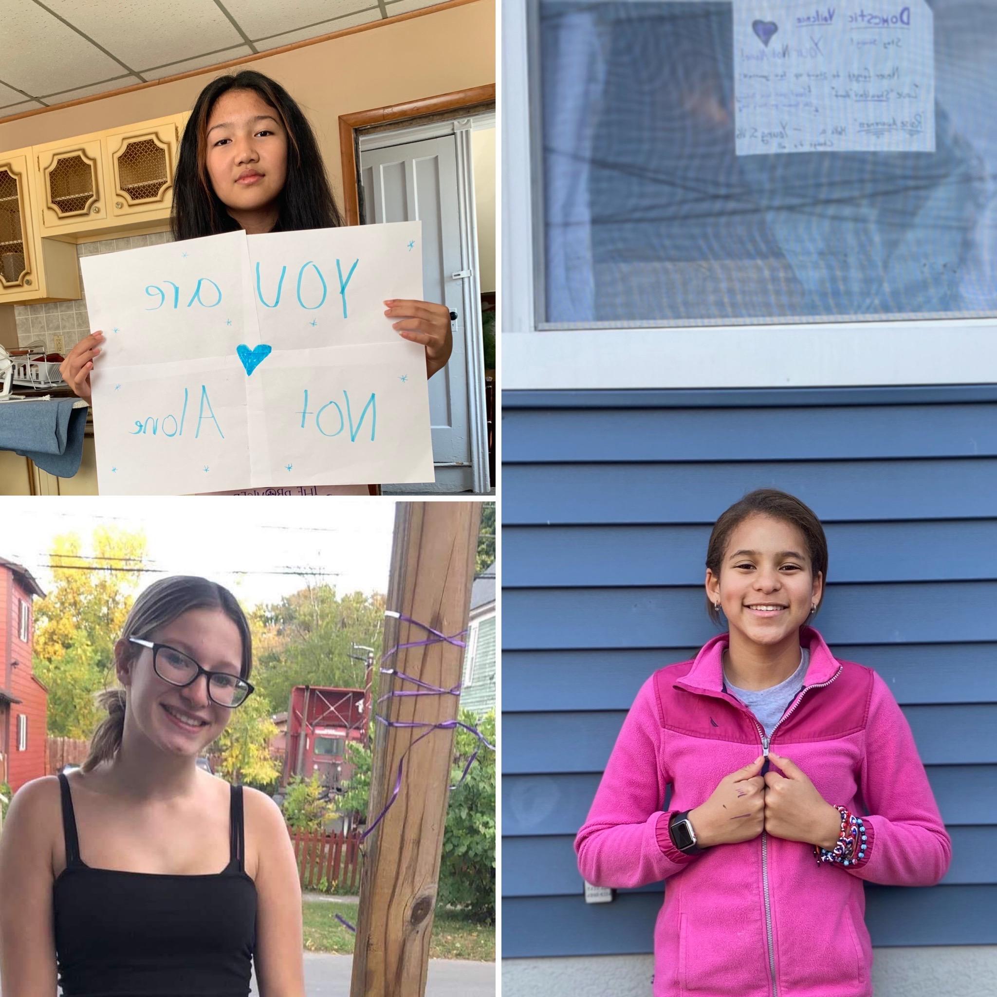 3 photo collage of 年轻的利记sbo students with purple ribbons and signs of 支持 for domestic violence survivors. 